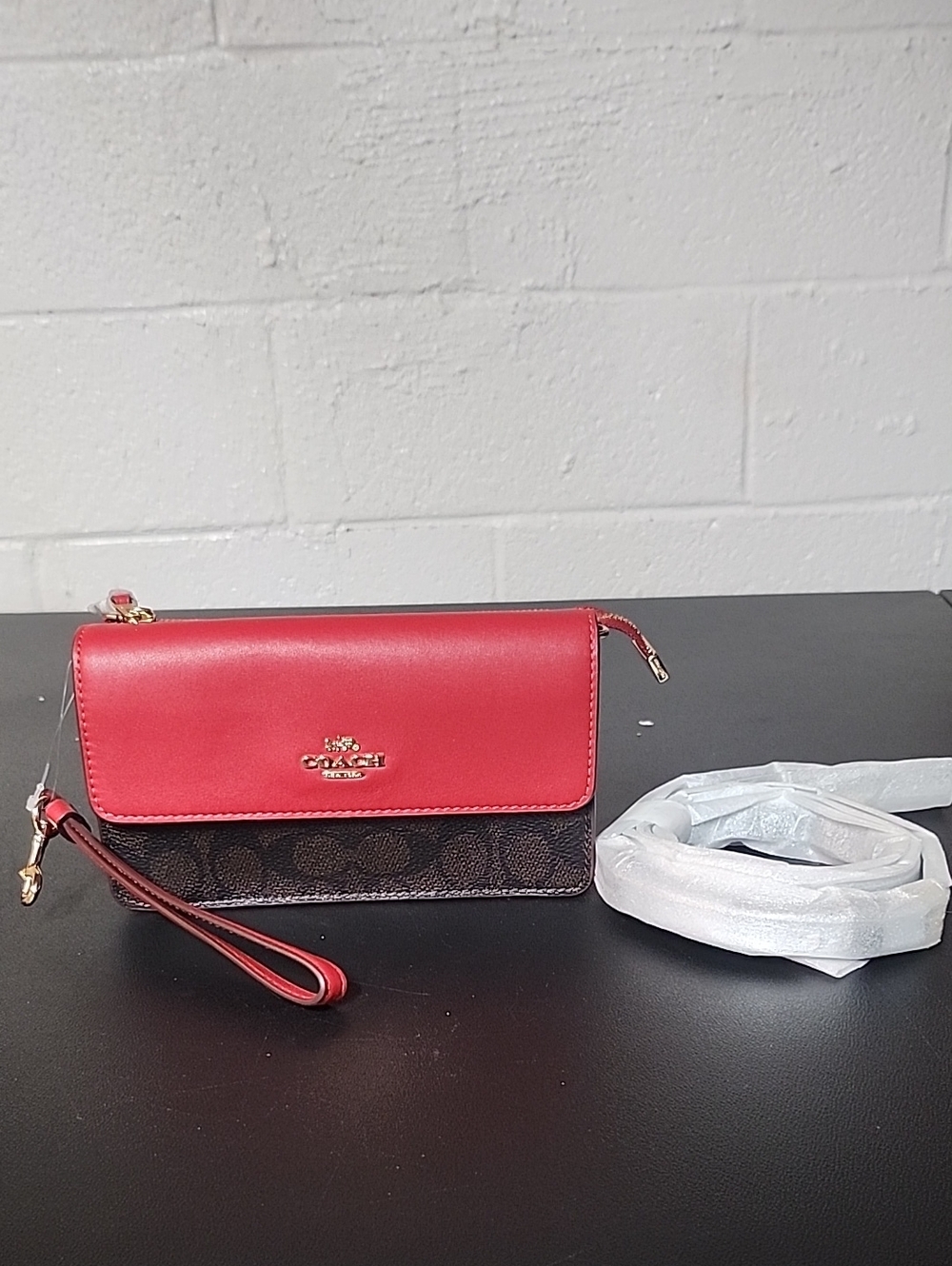 Coach Red and Brown Signature Canvas Leather Wristlet
